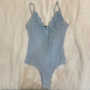 Windsor Light Blue Ribbed Lace-Trim Bodysuit